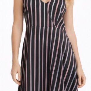 Chic V-Neck Black and Pink Striped Midi Dress